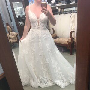 Mon Cheri Ivory Lace Aline Ballgown Wedding Dress, Plunging Neck Low V Back